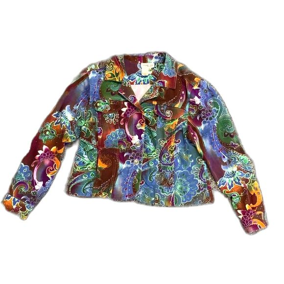 Coldwater Creek Multicolored Paisley Stretch Cotton Blend Jean Style Jacket Sz L - Picture 1 of 12
